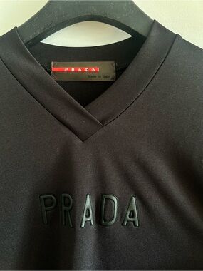Prada Sport Linea Rossa Black Cotton V-Neck Long Sleeve T-Shirt Made in Italy